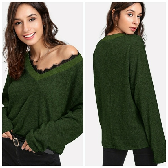 Army Green Lace Sweater Top - Picture 2 of 2